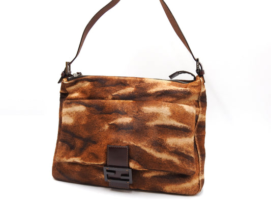 FENDI Leopard Mamma Baguette Shoulder Hand Bag Leather Brown Silver