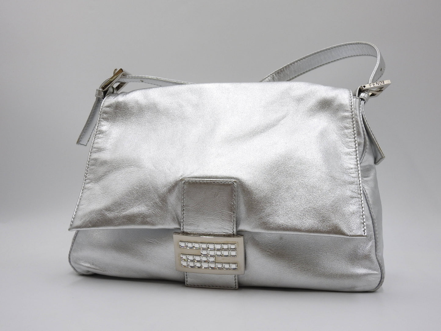 FENDI Mamma Baguette Shoulder Hand Bag Leather Rhinestone Silver