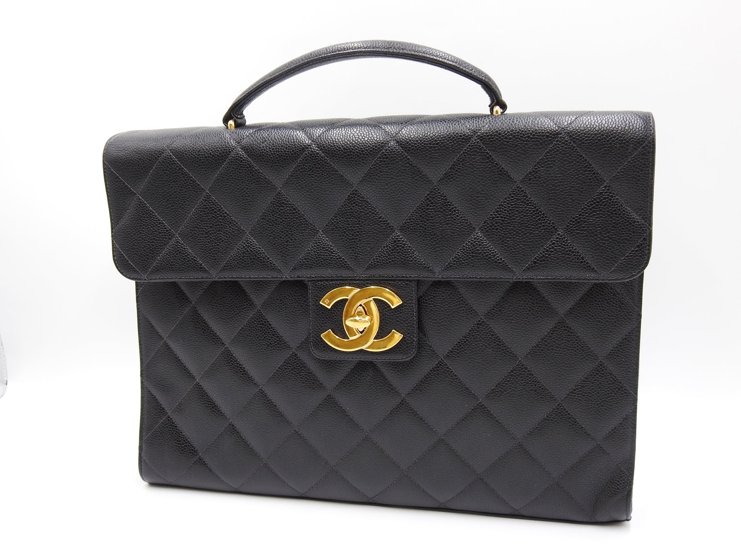 CHANEL CC Matelasse Briefcase Business Bag Caviarskin Leather Black Gold