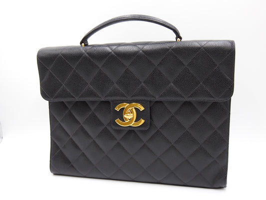 CHANEL CC Matelasse Briefcase Business Bag Caviarskin Leather Black Gold