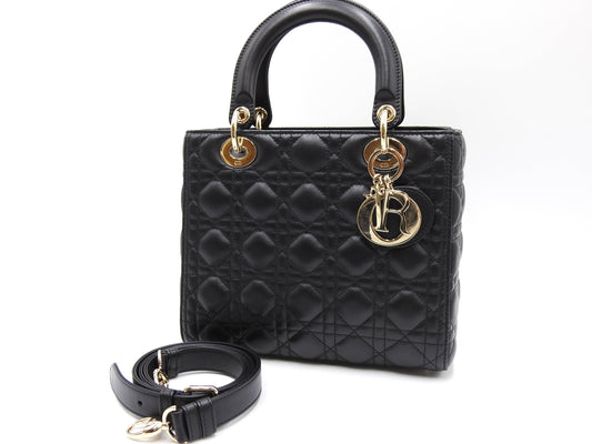 Christian Dior Lady Dior Medium Cannage Hand Bag Lambskin Black M0565ONGE