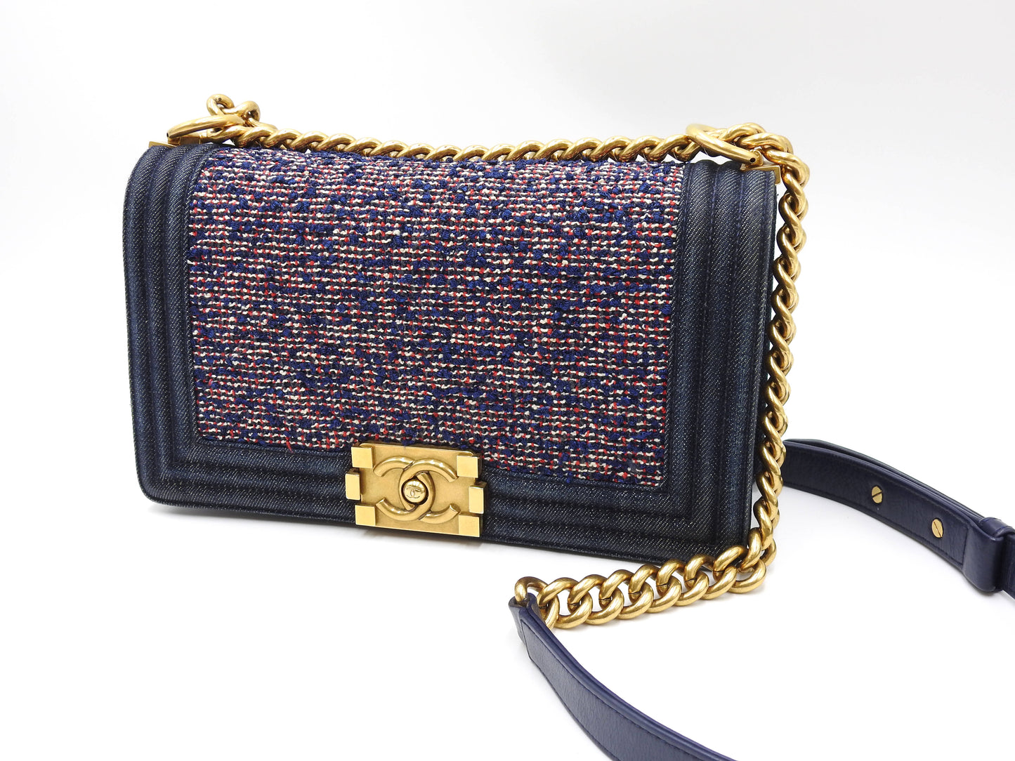 CHANEL Medium Boy Flap 25 Chain Shoulder Bag Denim Tweed Blue Gold A67086