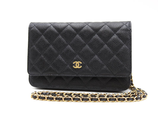 CHANEL CC Matelasse Wallet On Chain Shoulder Bag Caviarskin Black AP0250