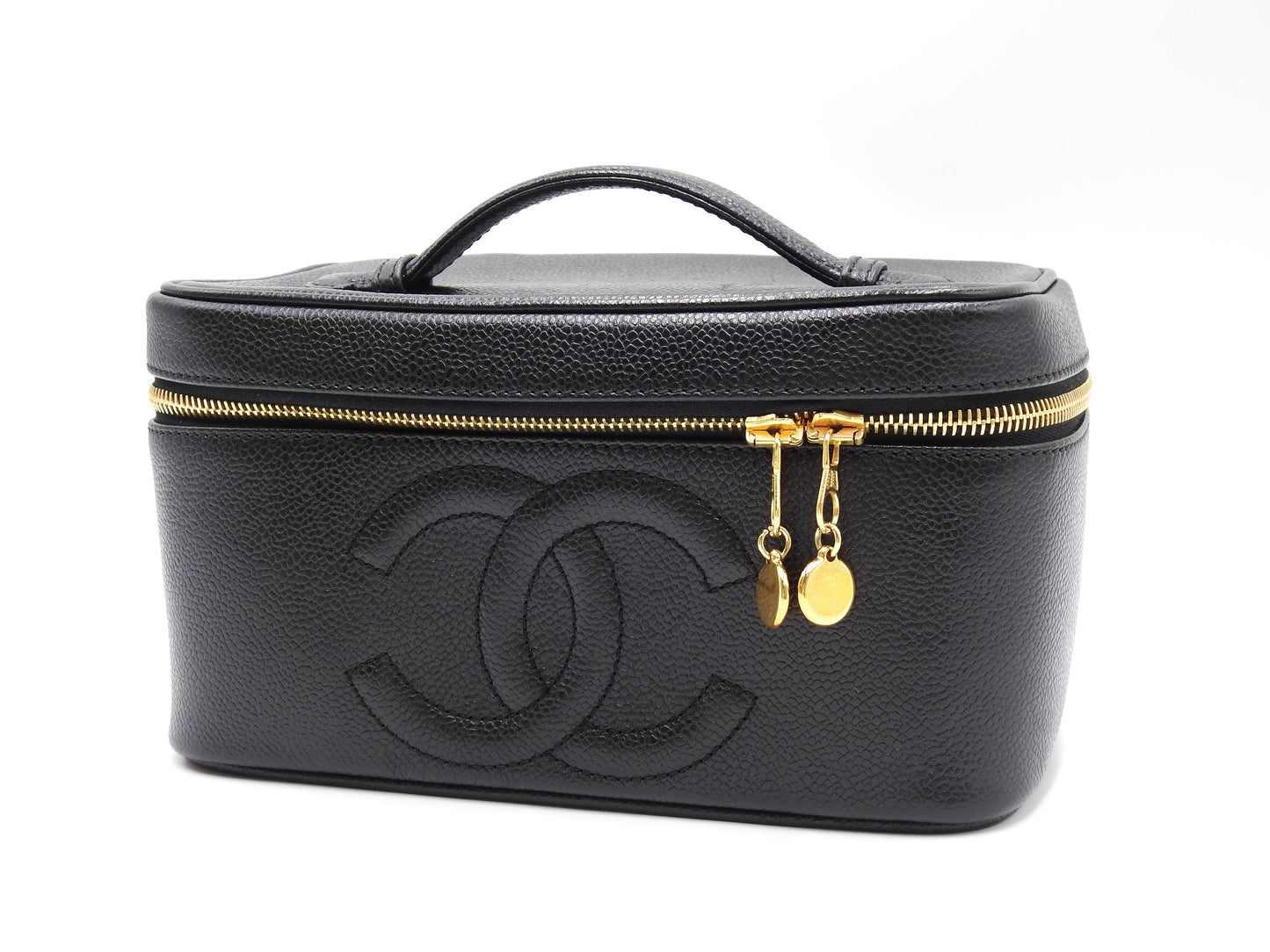 CHANEL CC Vanity Bag Cosmetic Pouch Caviarskin Leather Black Gold A08090