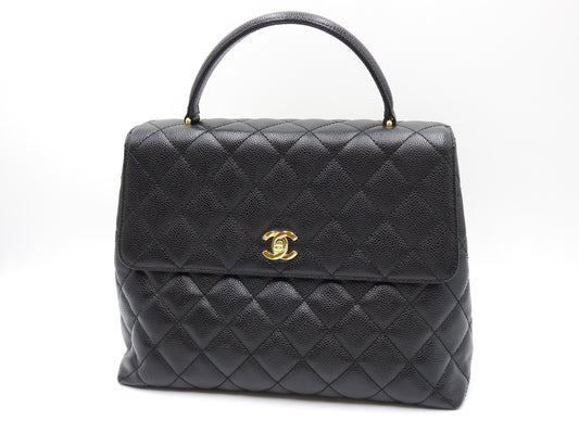 CHANEL Matelasse CC Kelly Hand Bag Caviarskin Leather Black Gold A12397