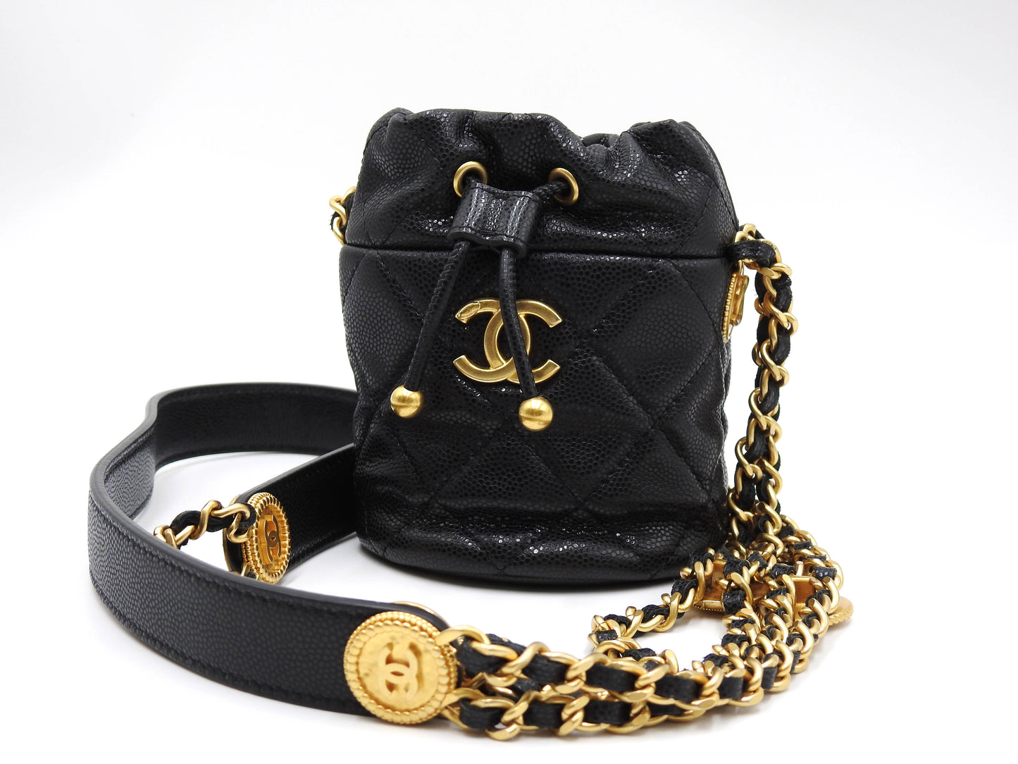 CHANEL CC Matelasse Mini Chain Bucket Shoulder Bag Caviarskin Black Gold