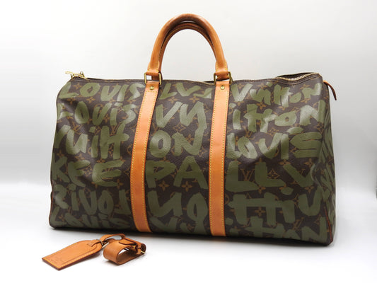 LOUIS VUITTON Monogram Graffiti Keepall 50 Boston Travel Bag Khaki M92196
