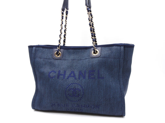 CHANEL Deauville MM Chain Tote Shoulder Bag Canvas Navy Gold A67001