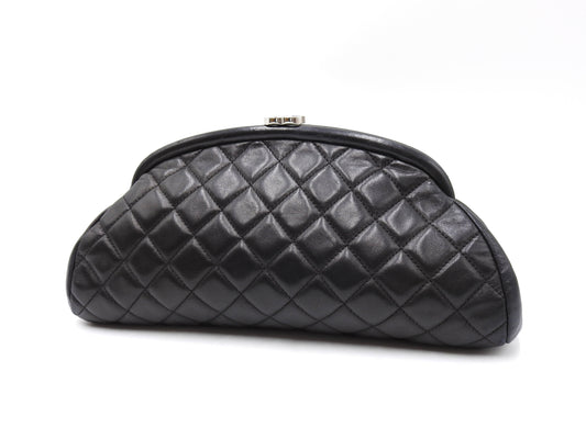 CHANEL CC Matelasse Kiss Lock Timeless Clutch Bag Lambskin Black Silver