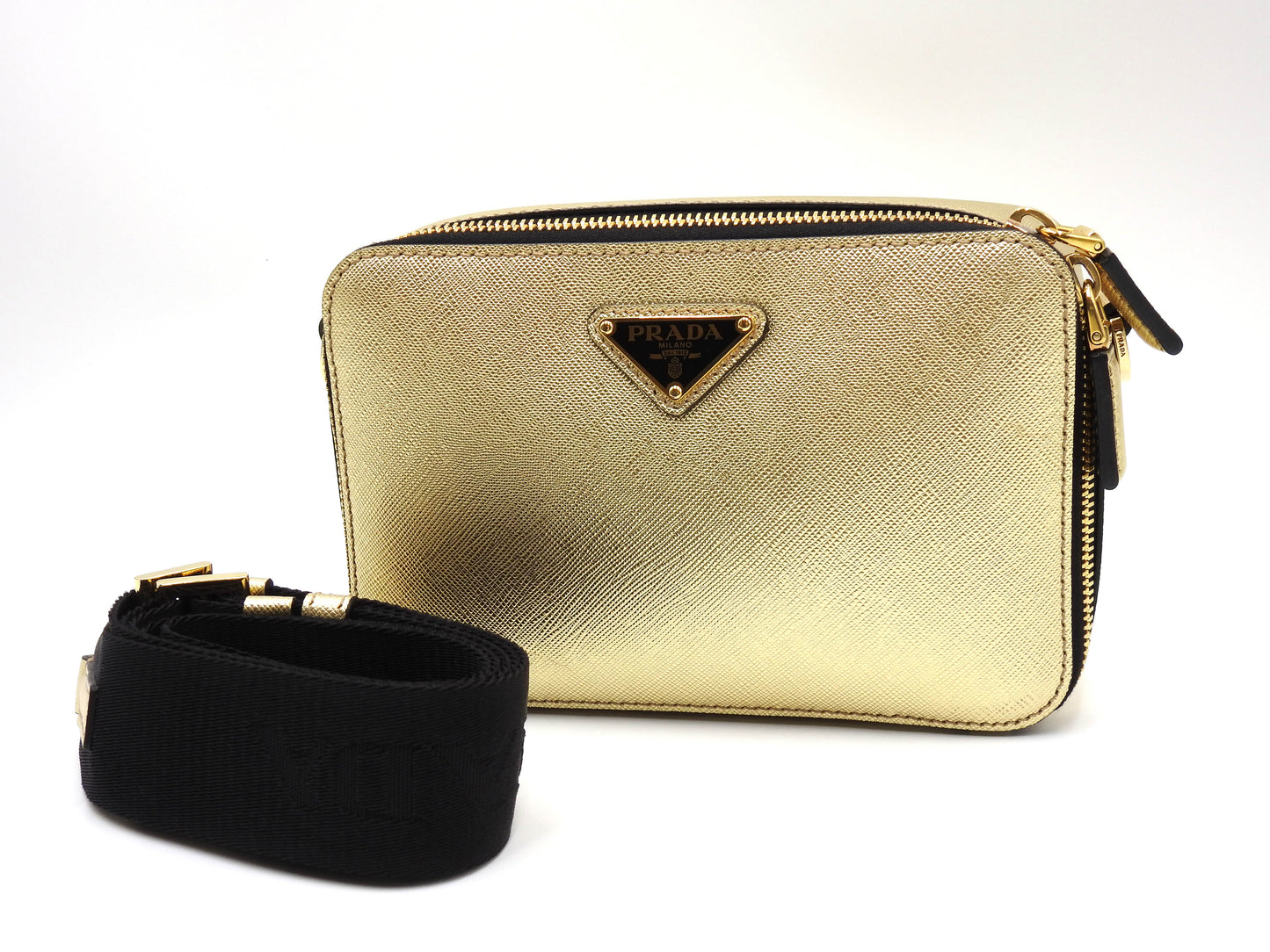 PRADA SAFFIANO TRAVEL SMALL BRIQUE Shoulder Bag Leather Gold 2VH070