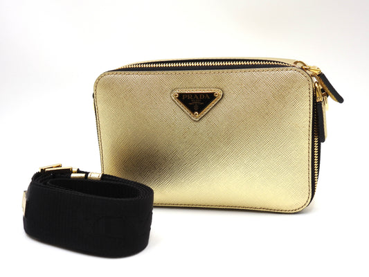 PRADA SAFFIANO TRAVEL SMALL BRIQUE Shoulder Bag Leather Gold 2VH070