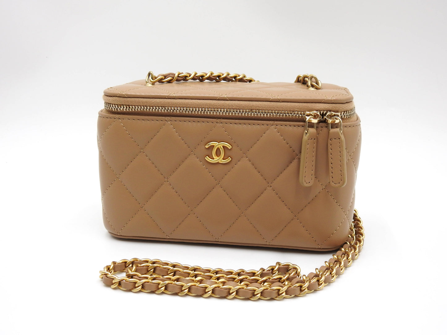 CHANEL Pearl Crush Vanity Case Chain Shoulder Bag Lambskin Beige Gold