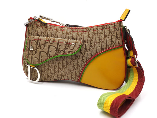 Christian Dior Trotter Rasta Saddle Crossbody Shoulder Bag Canvas Beige