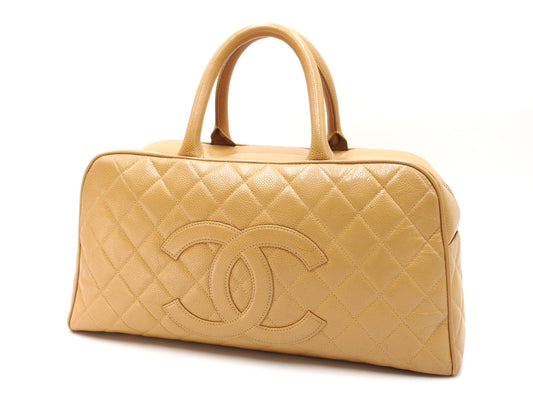 CHANEL Timeless CC Matelasse Boston Hand Bag Caviarskin Beige A20997