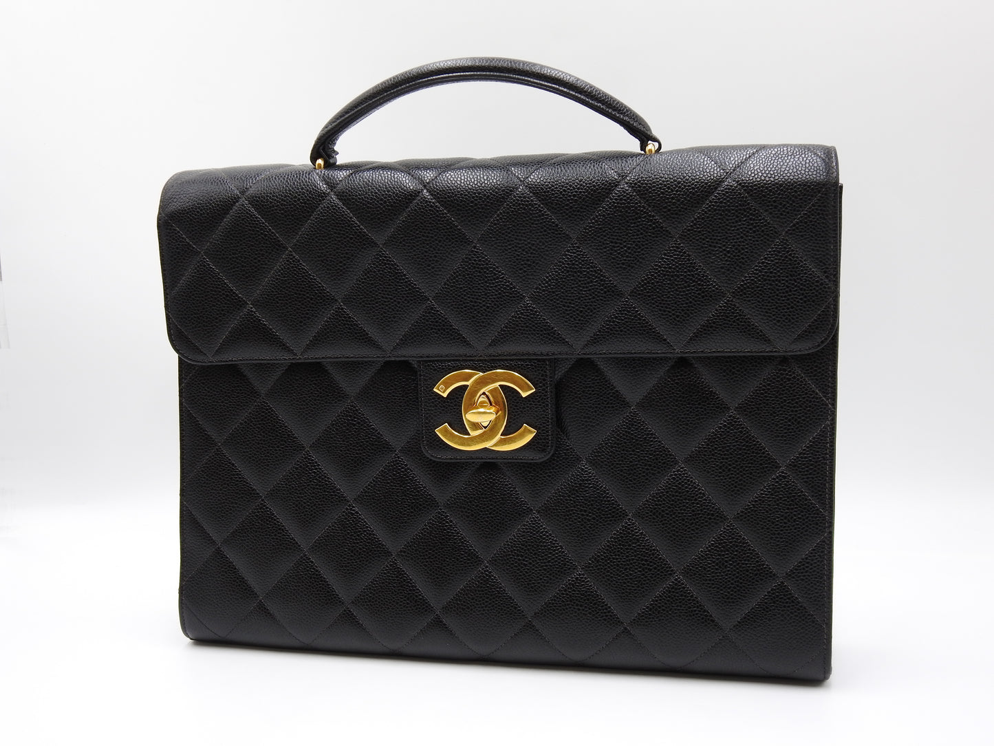 CHANEL CC Matelasse Briefcase Business Bag Caviarskin Leather Black Gold