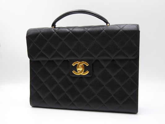 CHANEL CC Matelasse Briefcase Business Bag Caviarskin Leather Black Gold