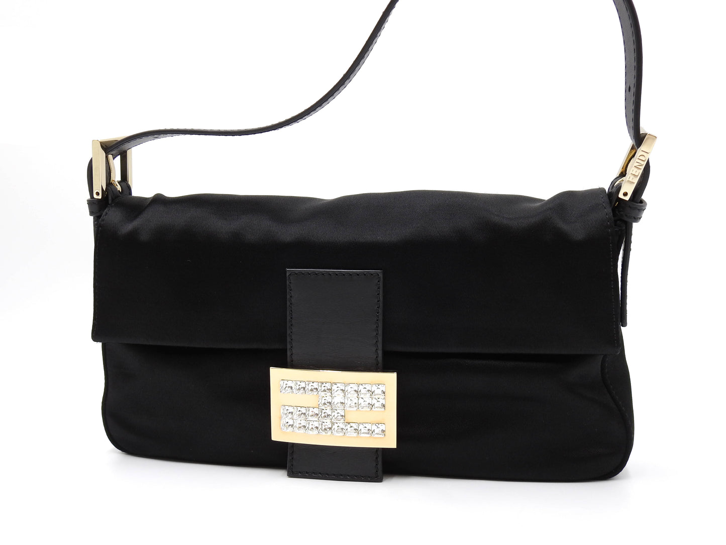 FENDI Mamma Baguette Shoulder Hand Bag Satin Leather Crystal Black 8BR600