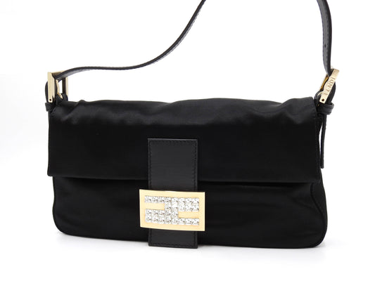 FENDI Mamma Baguette Shoulder Hand Bag Satin Leather Crystal Black 8BR600