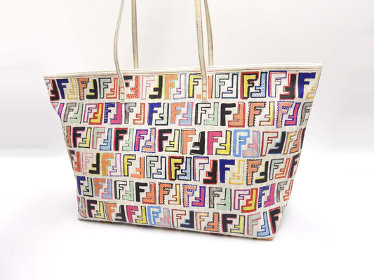 FENDI Zucca Toe Roll Bag Shoulder Bag PVC Canvas White Multicolor 8BH185