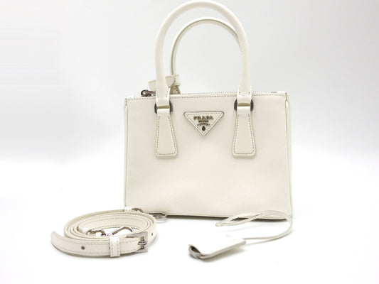 PRADA Galleria Mini Shoulder Hand Bag SAFFIANO LUX Leather White 1BA906
