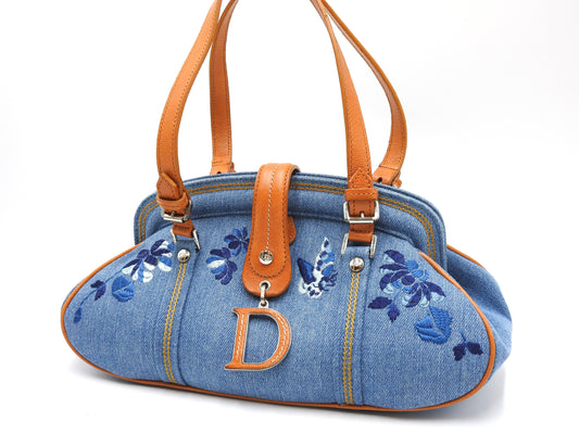 Christian Dior Denim Embroidered Flower Kiss Lock Hand Bag Blue Brown