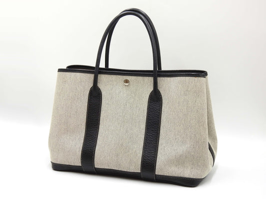 HERMES Garden Party PM Tote Bag Gray Black Toile H Buffle Leather □H