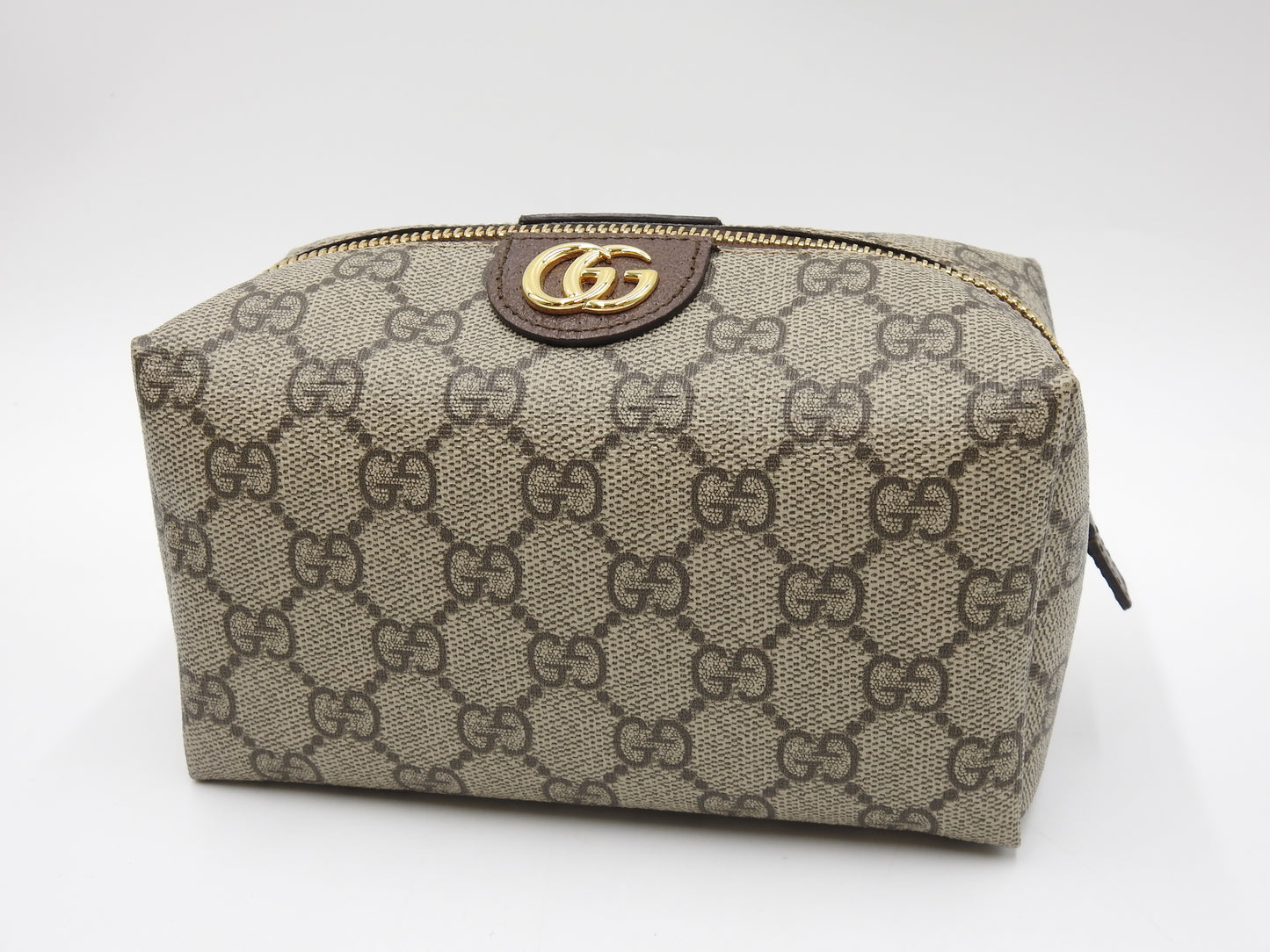 GUCCI GG Supreme Cosmetic Pouch PVC Leather Beige Brown Green 548393