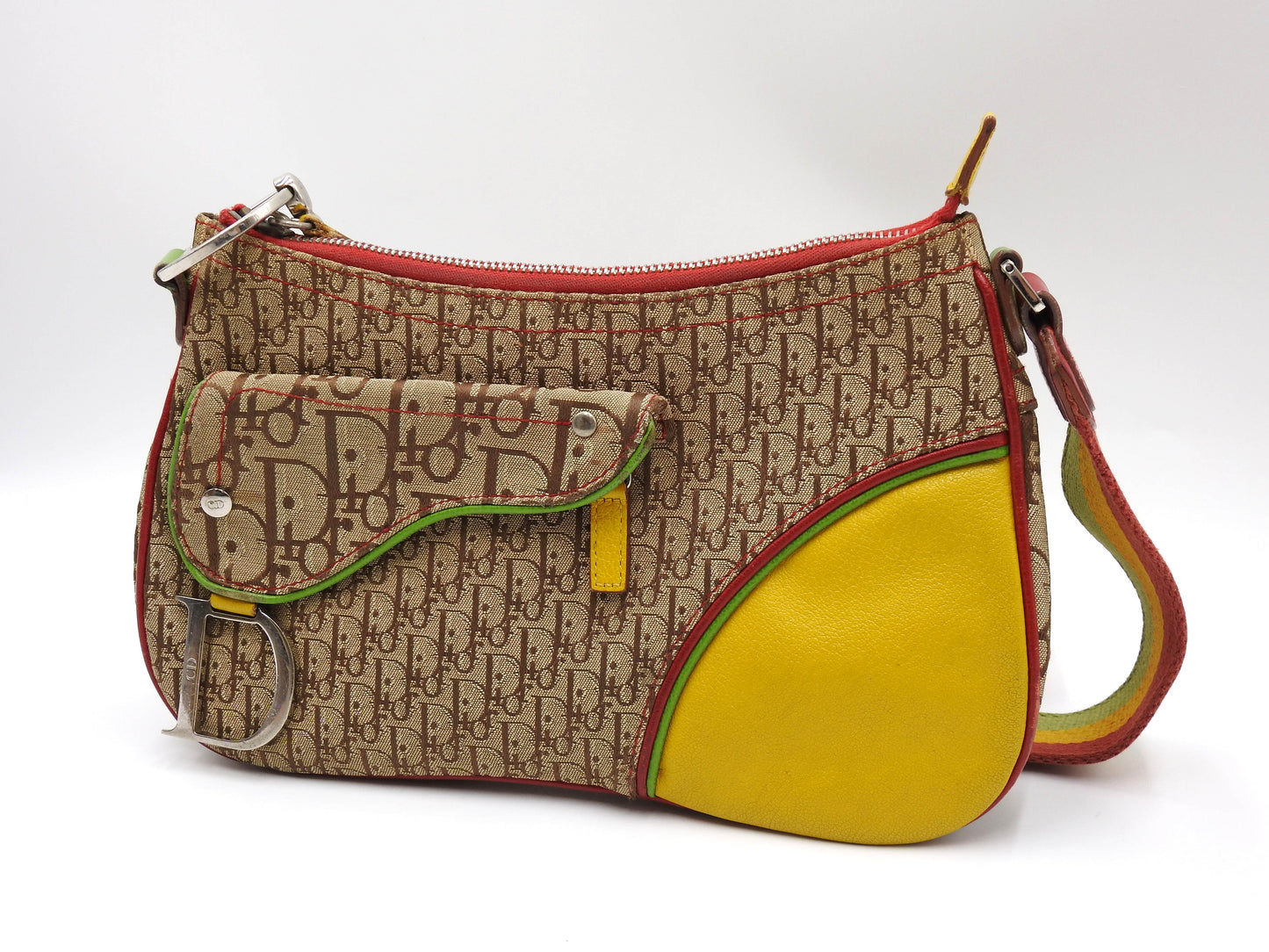 Christian Dior Rasta Trotter Saddle Shoulder Bag Canvas Beige Multicolor