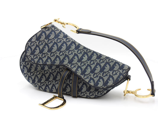 Christian Dior Trotter Oblique Saddle Bag Shoulder Hand Bag Canvas Navy