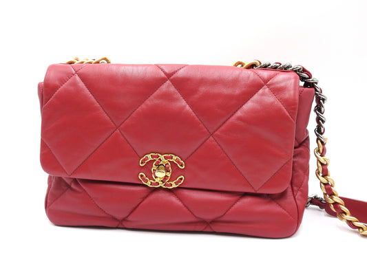 CHANEL 19 Large Flap Chain Shoulder Bag Lambskin Leather Red AS1161