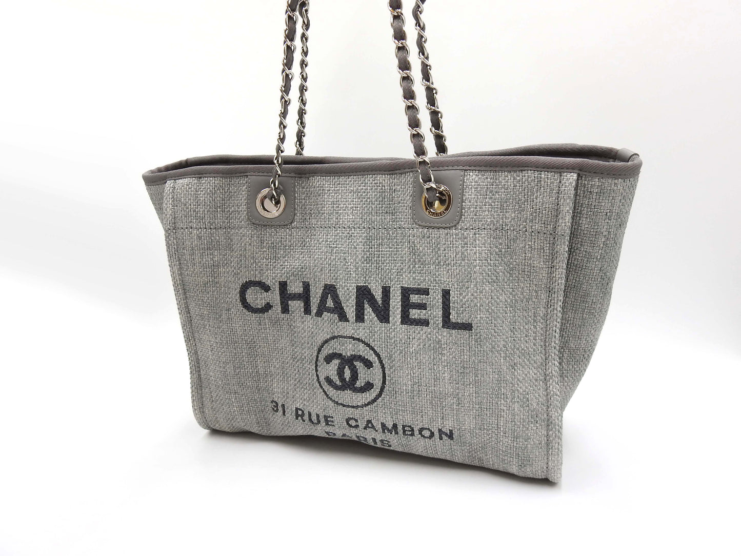 CHANEL Deauville MM Tote Bag Shoulder Bag Straw Canvas Gray Silver A67001