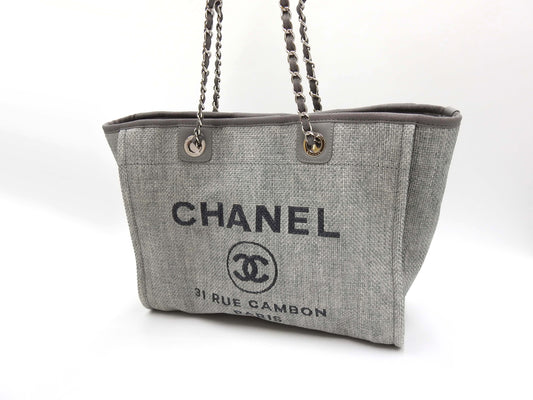 CHANEL Deauville MM Tote Bag Shoulder Bag Straw Canvas Gray Silver A67001