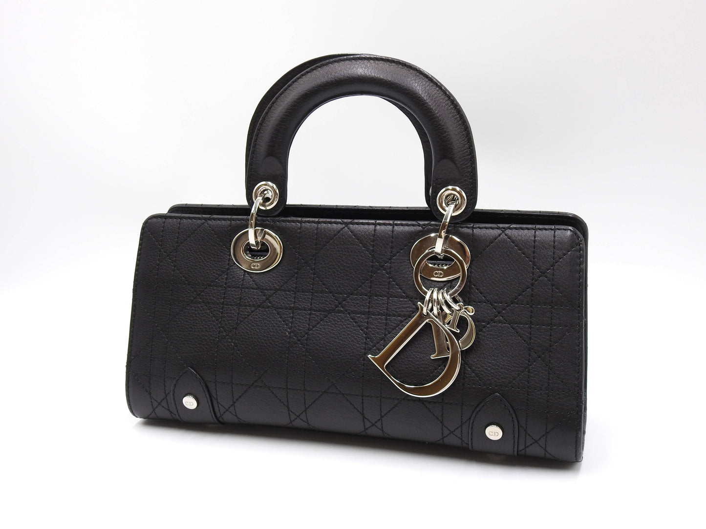 Christian Dior Lady Dior Small East West Cannage Hand Bag Calfskin Black