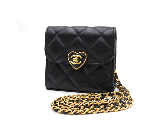 CHANEL CC Heart Matelasse Chain Clutch Shoulder Bag Lambskin Black AP3291