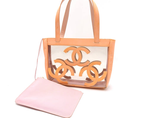 CHANEL Triple Coco Vinyl Patent Leather Shoulder Tote Bag Beige Clear