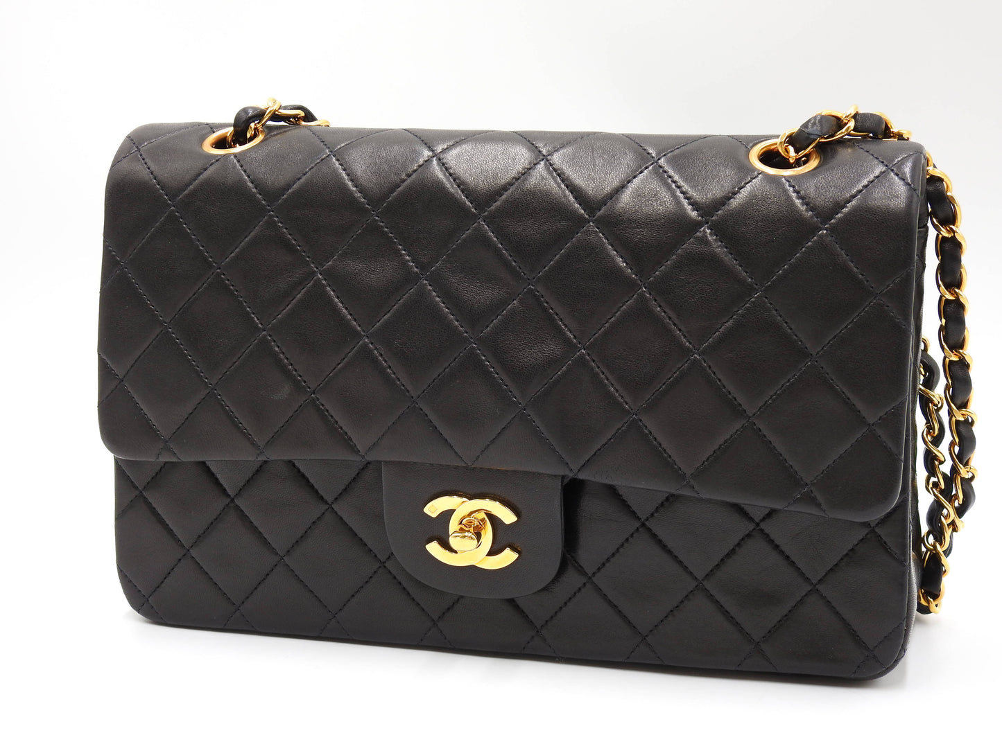 CHANEL Matelasse 25 Double Flap Chain Shoulder Bag Lambskin Black A01112