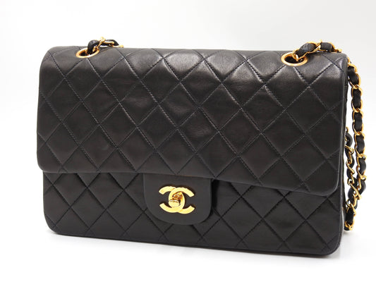 CHANEL Matelasse 25 Double Flap Chain Shoulder Bag Lambskin Black A01112
