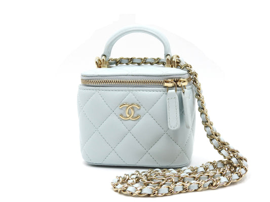 CHANEL Matelasse Top Handle Small Vanity Shoulder Bag Lambskin Blue AP2198