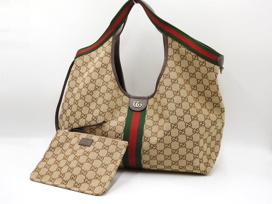 GUCCI GG Canvas Giglio Large Hobo Tote Shoulder Bag Beige Brown 853971