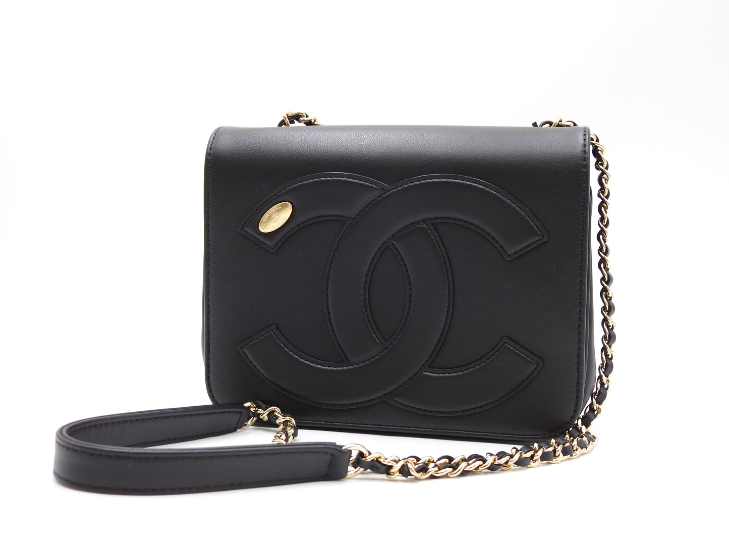 CHANEL CC Mania Chain Shoulder Bag Calfskin Leather Black Gold AS0321