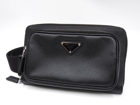 PRADA Triangle Logo SAFFIANO Leather Waist Belt Bag Black Silver 2VH156
