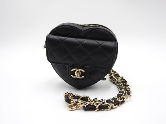 CHANEL CC in Love Heart Chain Waist Belt Bag Lambskin Black AP2787