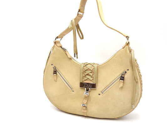 Christian Dior Admit It Lace-Up Hobo One Shoulder Bag Suede Leather Beige
