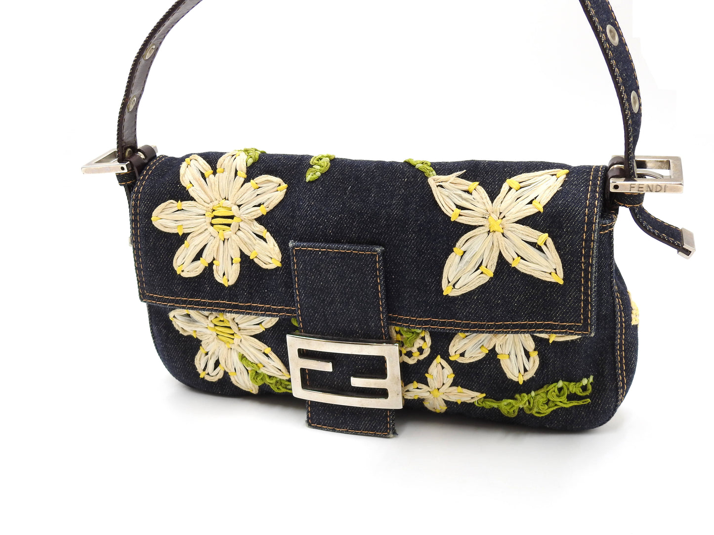 FENDI Denim Mamma Baguette Shoulder Hand Bag Flower Embroidered Navy