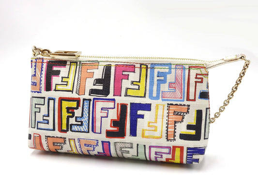 FENDI Zucca Chain Bag Pochette Accessories Cosmetic Pouch White 8BR592