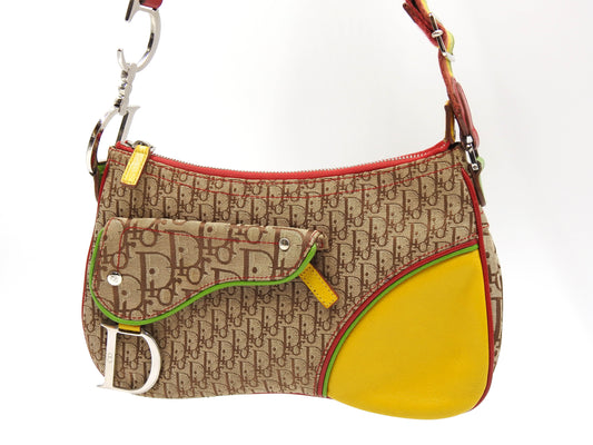 Christian Dior Rasta Trotter Saddle Shoulder Bag Canvas Beige Multicolor