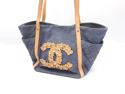 CHANEL CC Flower Shoulder Tote Bag Washed Denim Leather Blue Beige