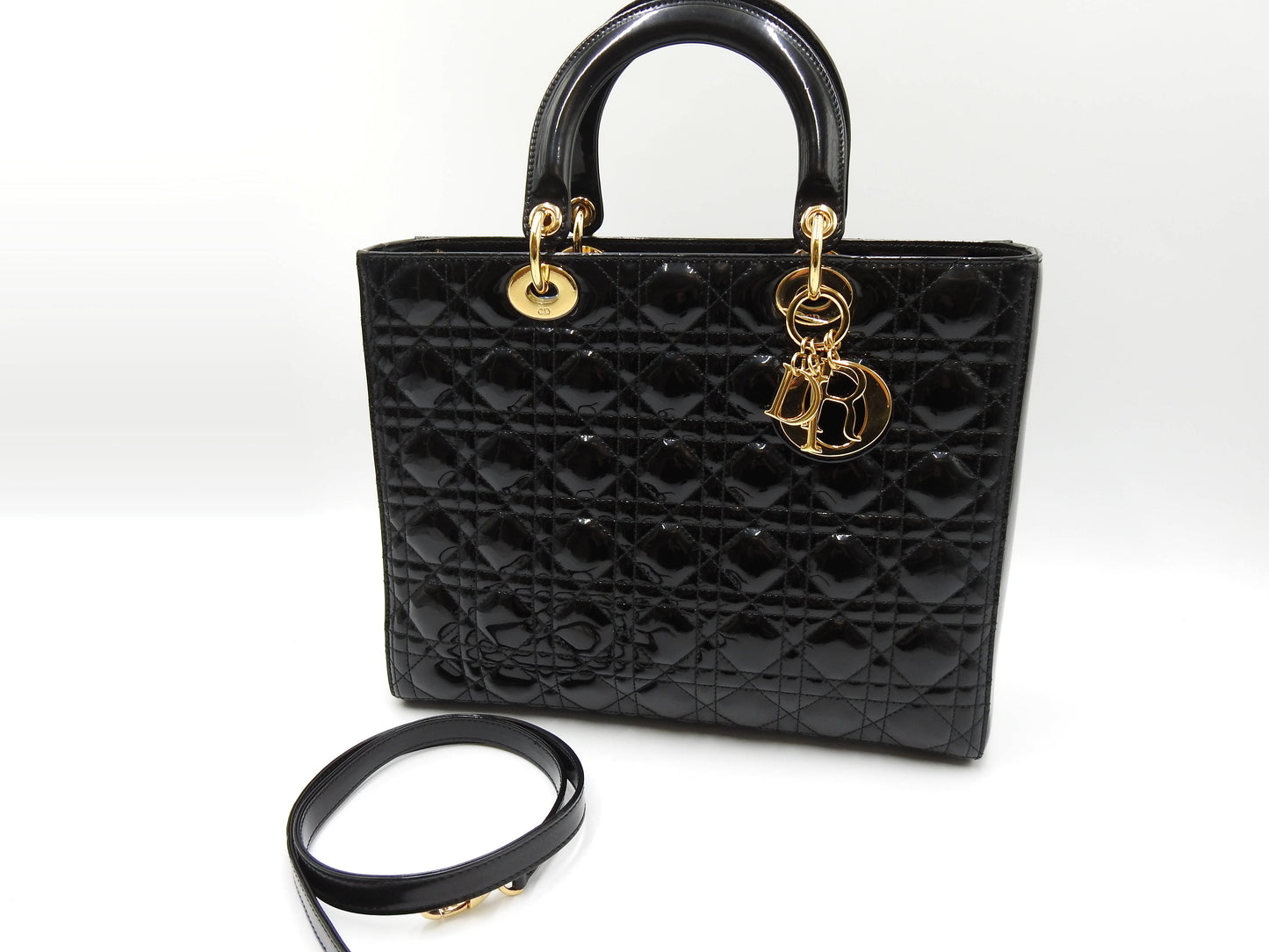 Christian Dior Lady Dior Large Cannage Hand Tote Bag Enamel Patent Leather