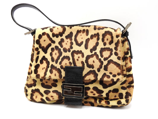 FENDI Leopard Mamma Baguette Shoulder Hand Bag Leather Brown Silver