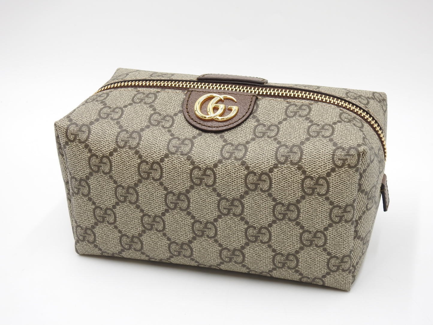 GUCCI GG Supreme Cosmetic Pouch PVC Leather Beige Brown Green 548393